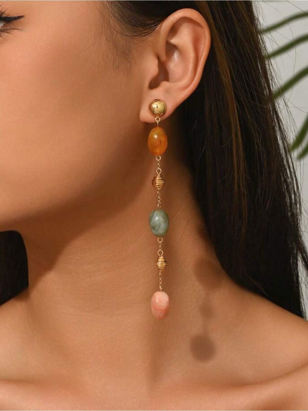 Gold Drop Earrings with Amber, Sage & Peach Beads N1487